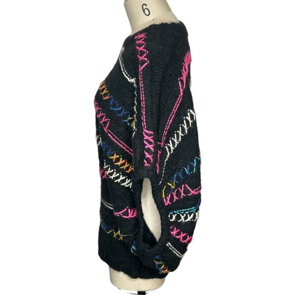 Easel Black Multi Oversized Striped Loose Knit Boxy Boho Sweater Women's M/L - Picture 2 of 5